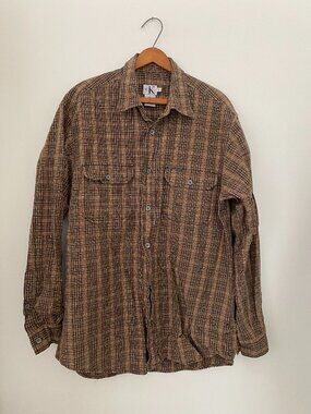VINTAGE CALVIN KLEIN BUTTON UP BROWN TARTAN PLAID MADE IN HONG KONG SIZE MEDIUM